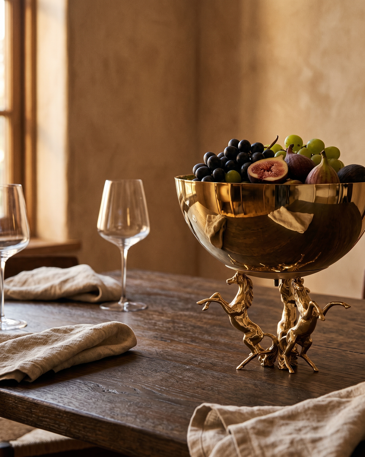 3 Horse Brass Bowl – Statement Centerpiece styled in a warm interior setting