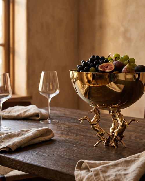 3 Horse Brass Bowl – Statement Centerpiece styled in a warm interior setting