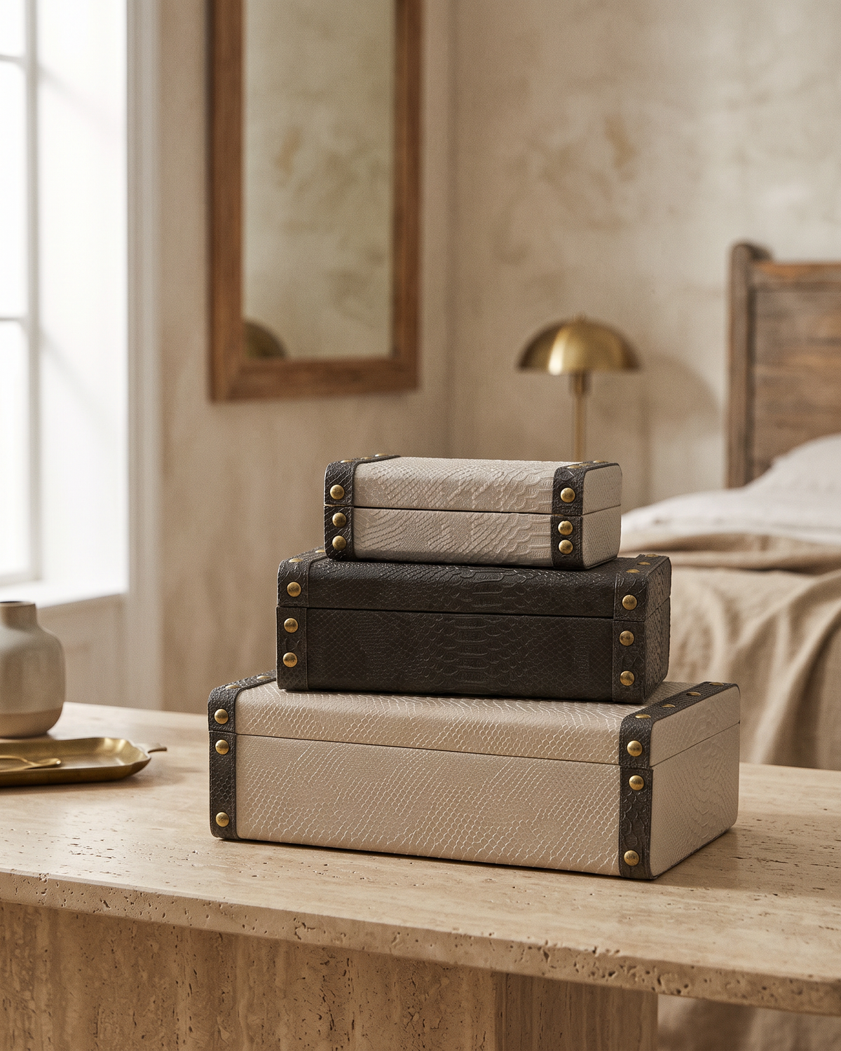 Studded Leather Boxes (Set of 3)