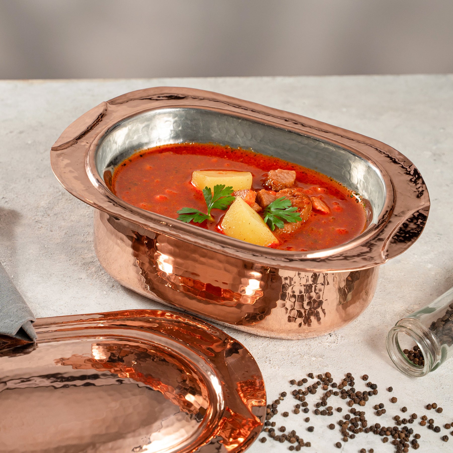 Handmade Copper Casserole with Lid, 100% Solid Hammered Copper Oval Cook & Serve Dish