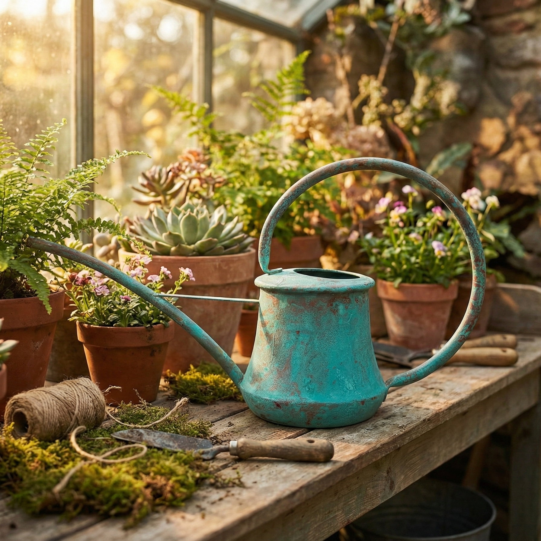 Vintage turquoise watering can on a wooden table with potted plants in a greenhouse.