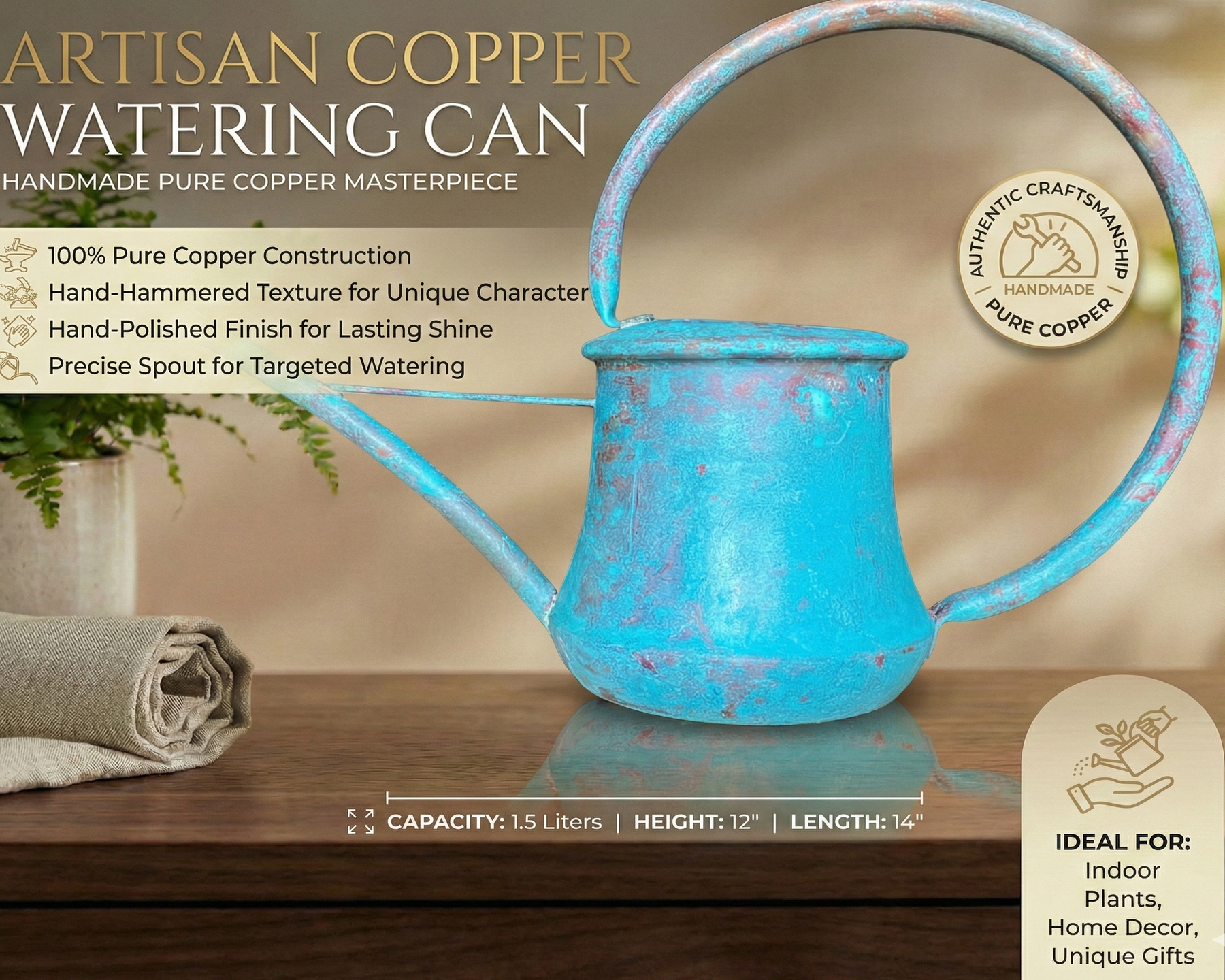 Artisan copper watering can with decorative elements on a wooden surface