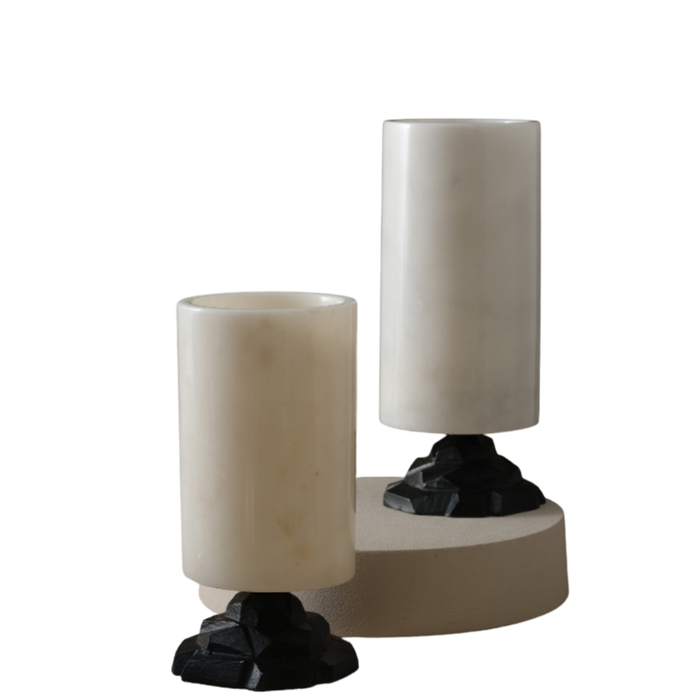 Sculpted Marble Candle Holders with Geometric Black Base – Set of 2 Modern Pedestal Lights