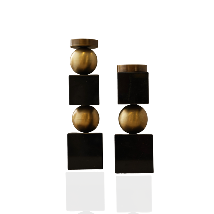 Geometric Marble & Brass Candle Holder – Black Marble Sculptural Design