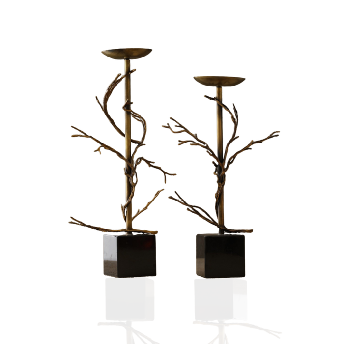 Aged Brass Branch Candle Holder – Sculptural Marble Base Design