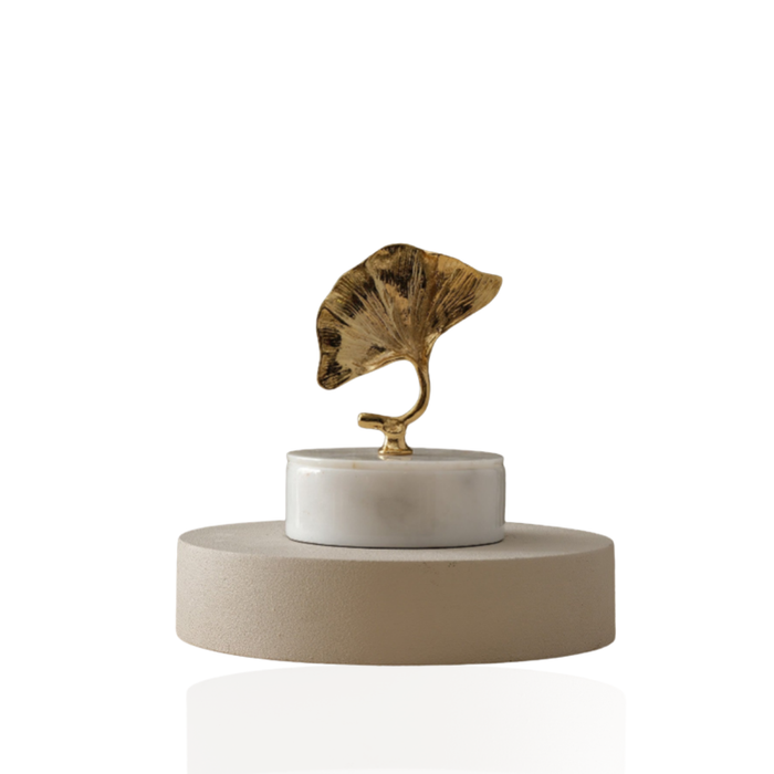 White Marble Box With Brass Ginkgo Leaf Lid
