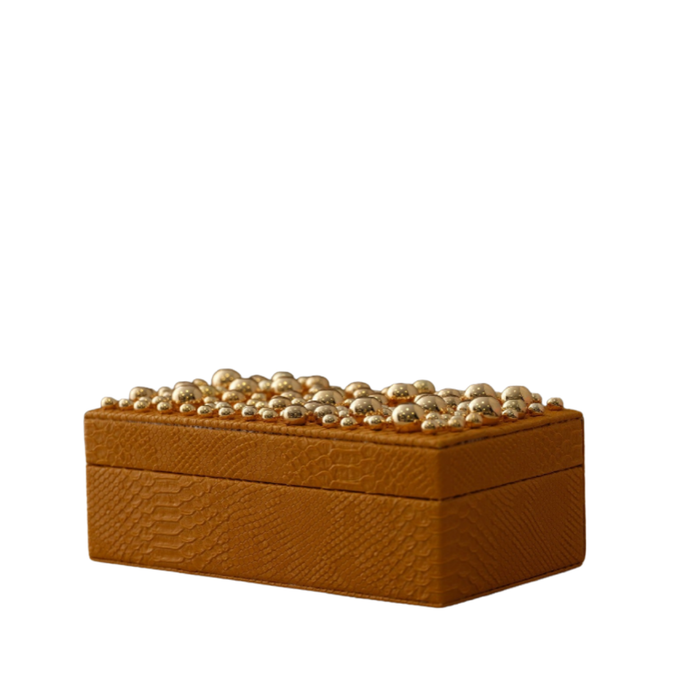 Textured Mustard Leather Box With Brass Bead Top
