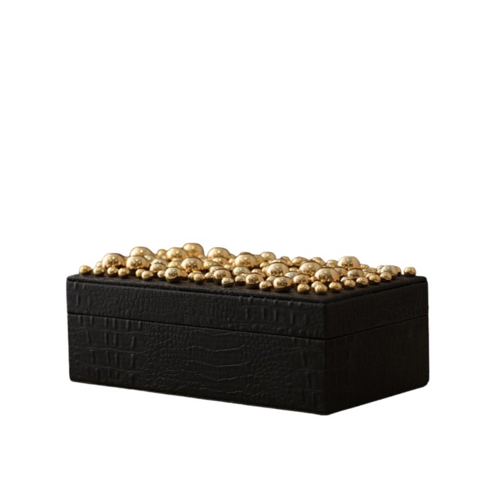 Textured Black Leather Box With Brass Bead Embellishment