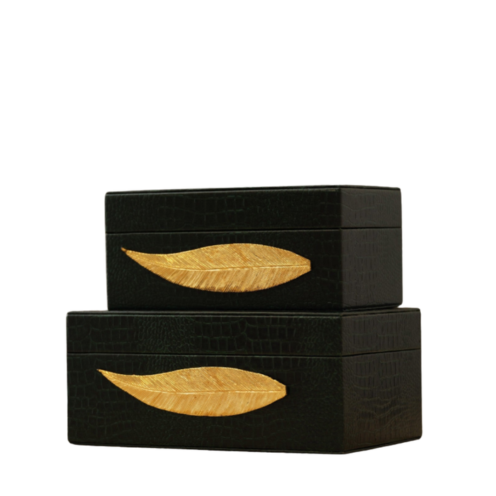 Set of 2 Feather Handle Boxes in Black Textured Leather & Brass