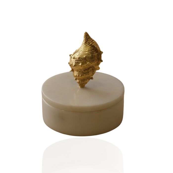 Conch Shell Marble Box with Sculptural Brass Gold Shell Lid – Decorative Marble Trinket & Keepsake Box