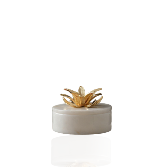 Golden Petal Marble Bonbonniere with Brass Floral Lid – White Marble Decorative Box