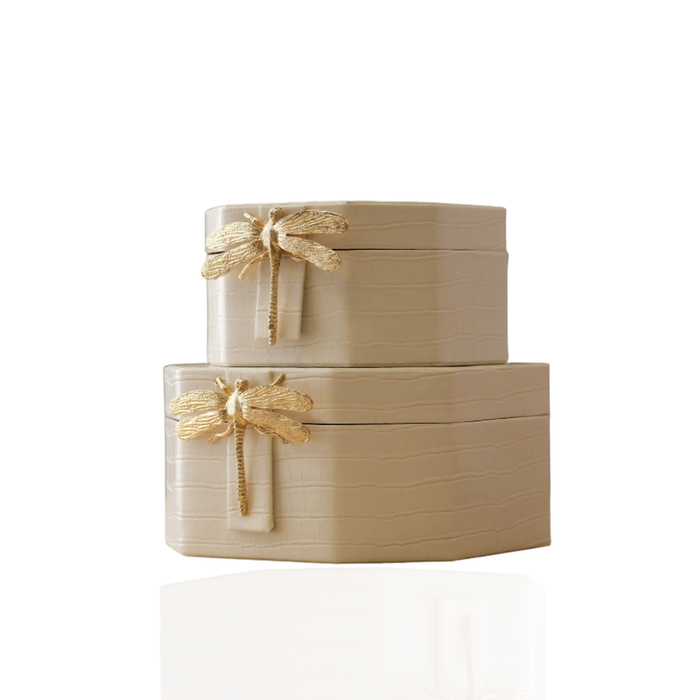White Croc-Embossed Dragonfly Box Set (Set of 2)