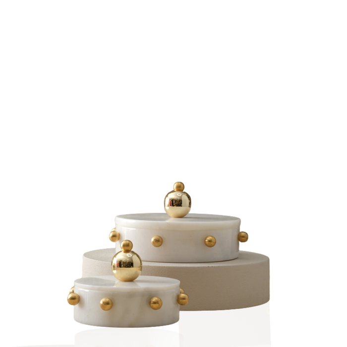 Set of 2 White Marble Storage Boxes with Brass Stud Accents – Modern Decorative Containers