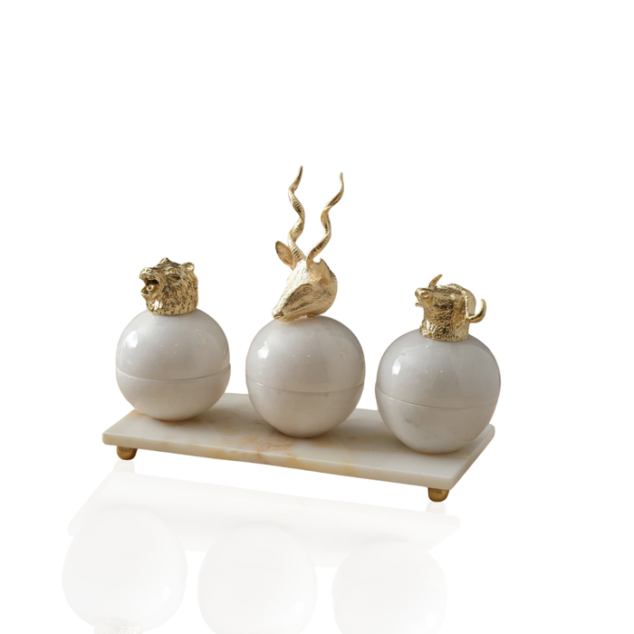Sculptural Marble Box Set with Brass Animal Lids & Display Tray – Set of 3
