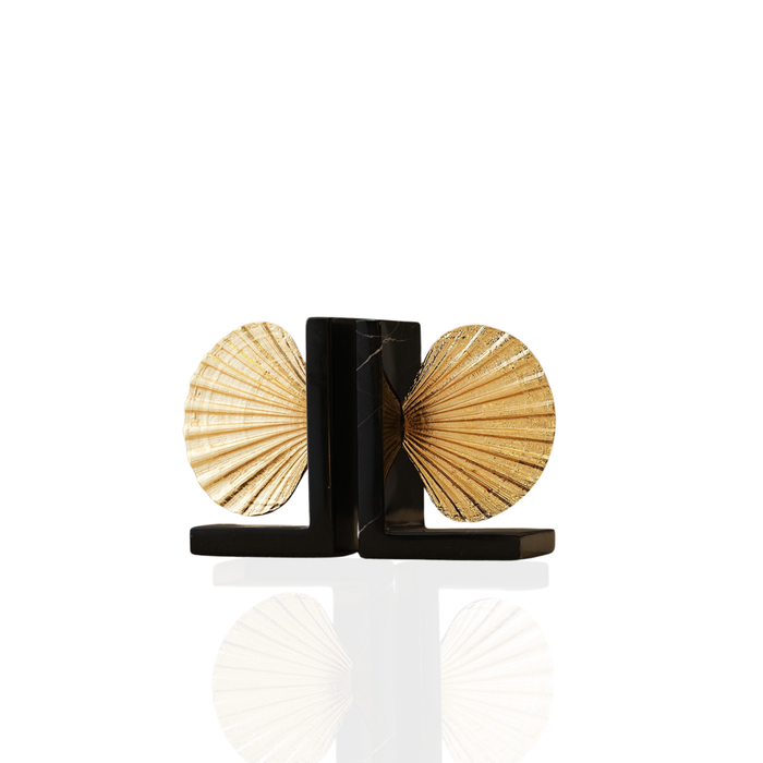 Golden Scallop Shell Bookend Set on Marble Base, Nautical Shelf Decor Accent