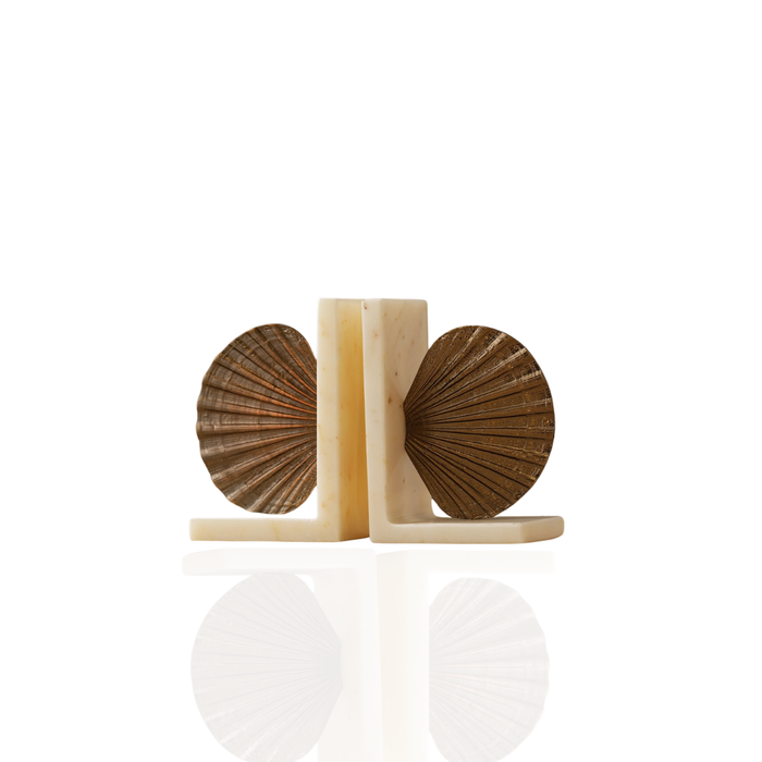 Bronze Scallop Shell Bookend Set on Marble Base, Nautical Shelf Decor Accent