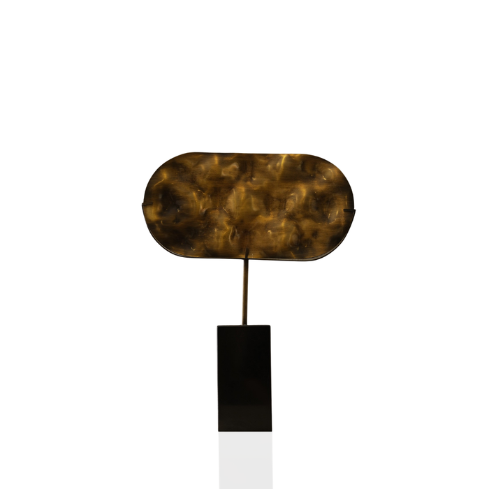 Modern Brass Plate Sculpture on Black Base, Contemporary Tabletop Accent