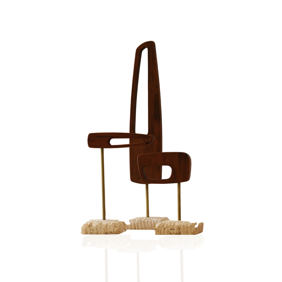 Wooden Flag Abstract Sculpture with Travertine Base – Modern Natural Home Decor