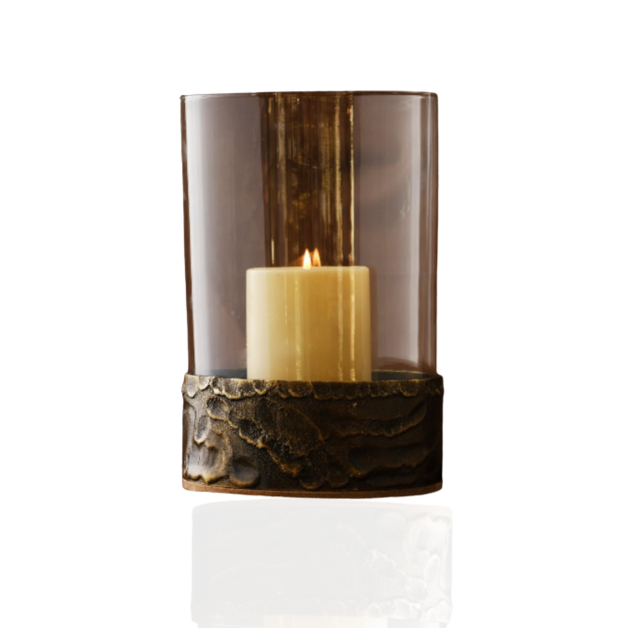 Molten Brass Glass Hurricane Candle Holder – Textured Brass Base