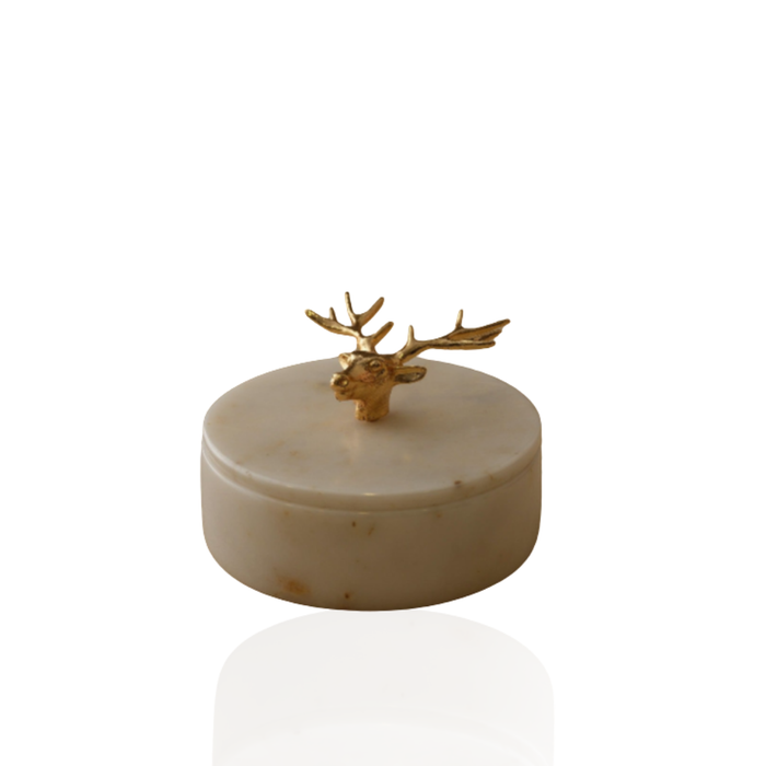 White Marble Box With Brass Stag Head Detail