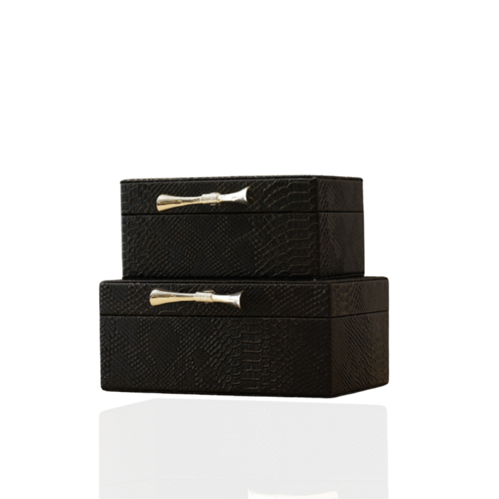 Set of 2 Black Textured Leather Boxes With Silver Bow Handles
