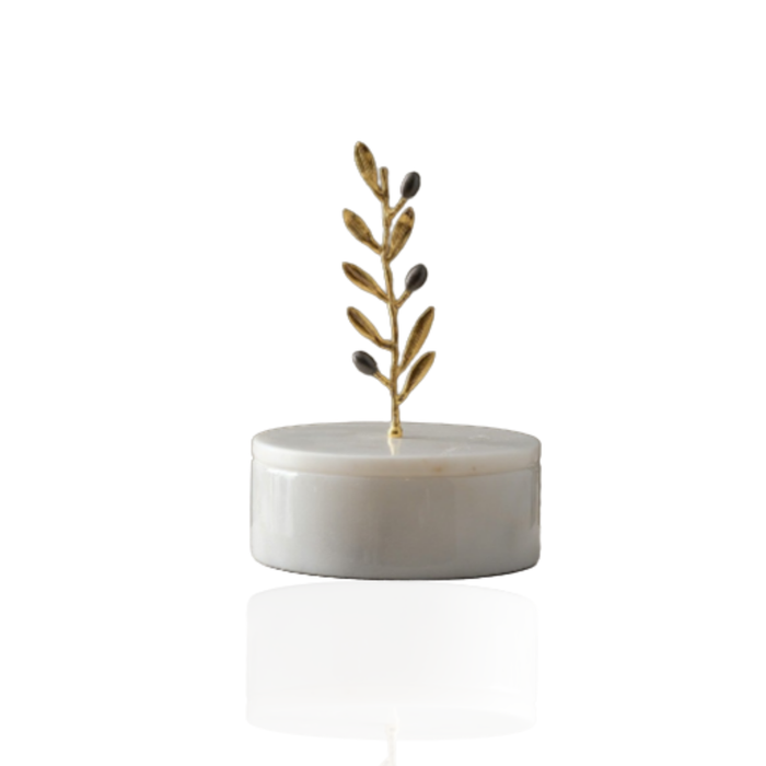 Olive Branch Box in White Marble & Brass