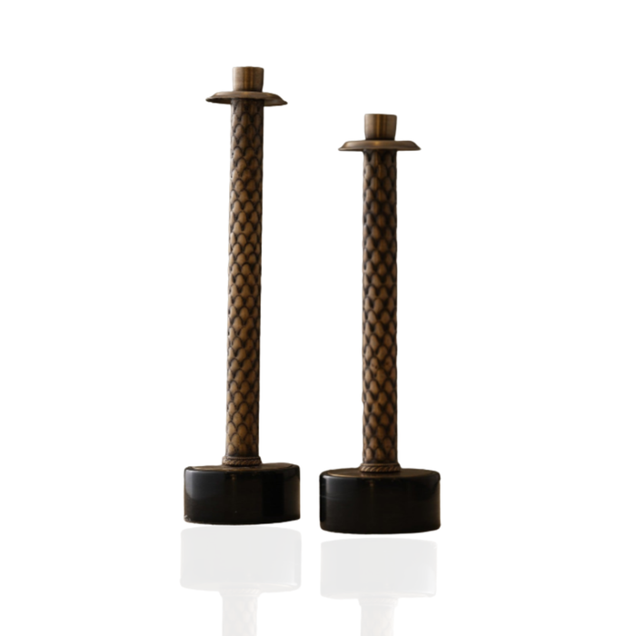 Herringbone Brass Candle Holder – Black Marble Base