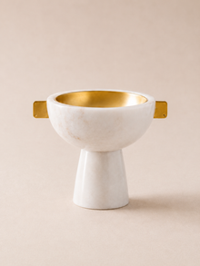 Handled Marble Bowl with Gold Brass Interior – White Marble Decorative Bowl