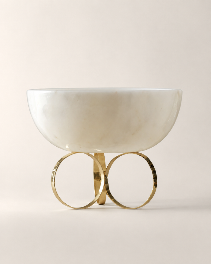 Marble Decorative Bowl with Ring Brass Base – White Marble & Gold Accent