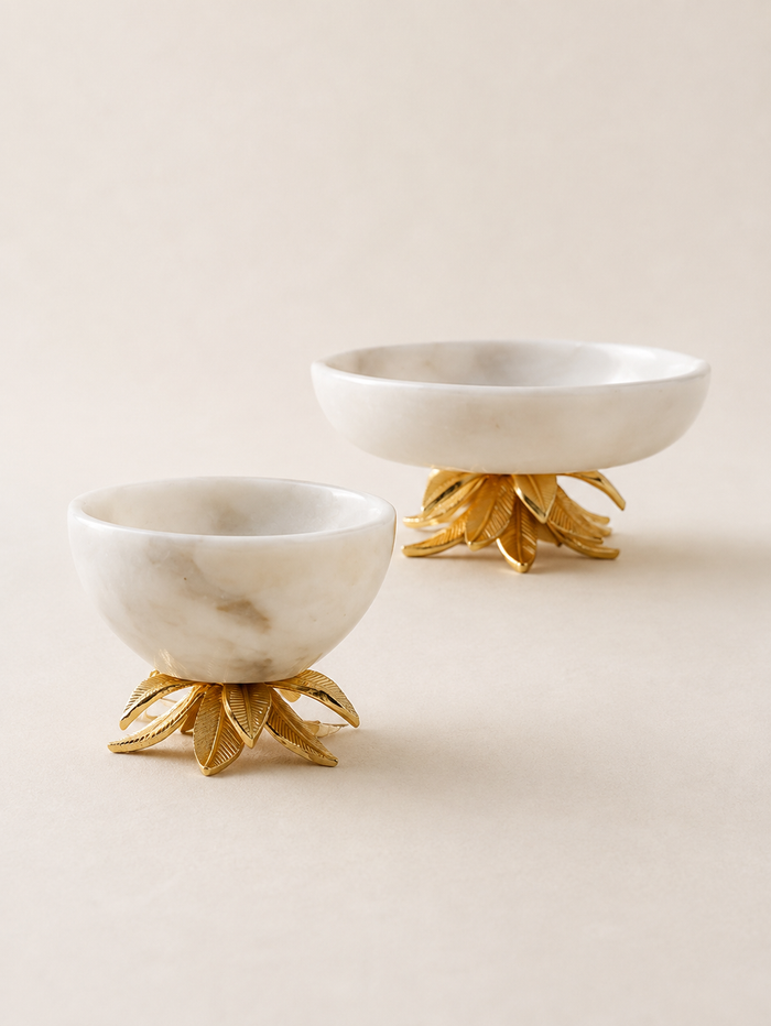 Lotus Marble Bowl – Set of 2 | White Marble & Brass Decorative Bowls