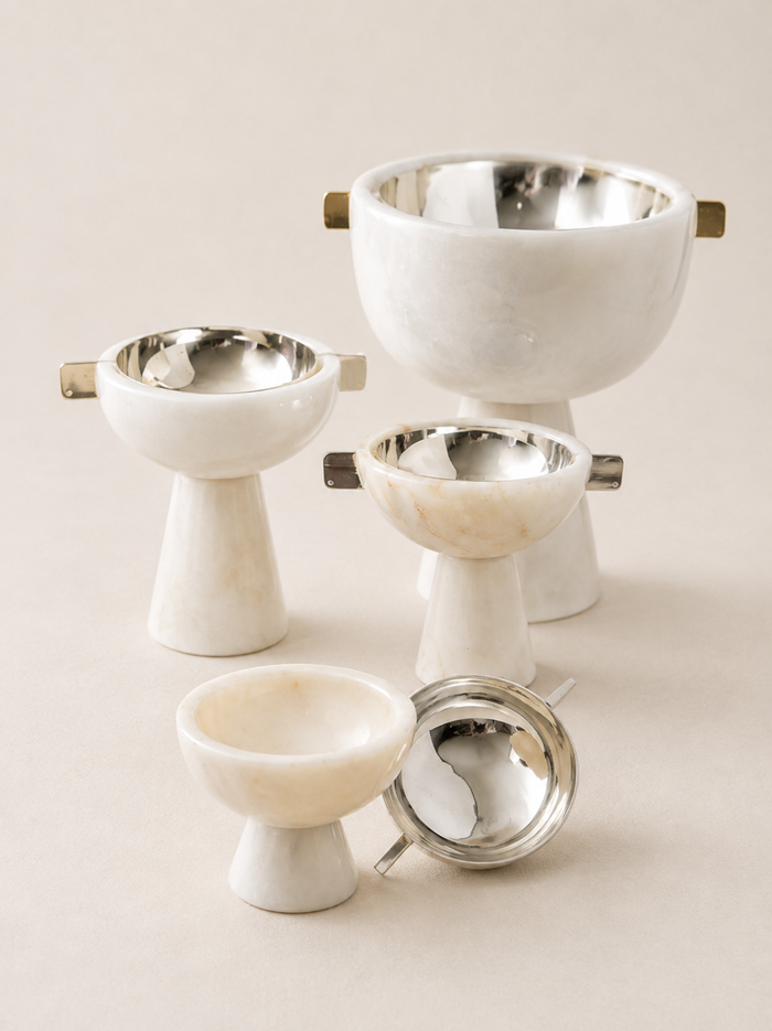 Handled Marble Bowl with Brass Interior – White Marble Decorative Bowl