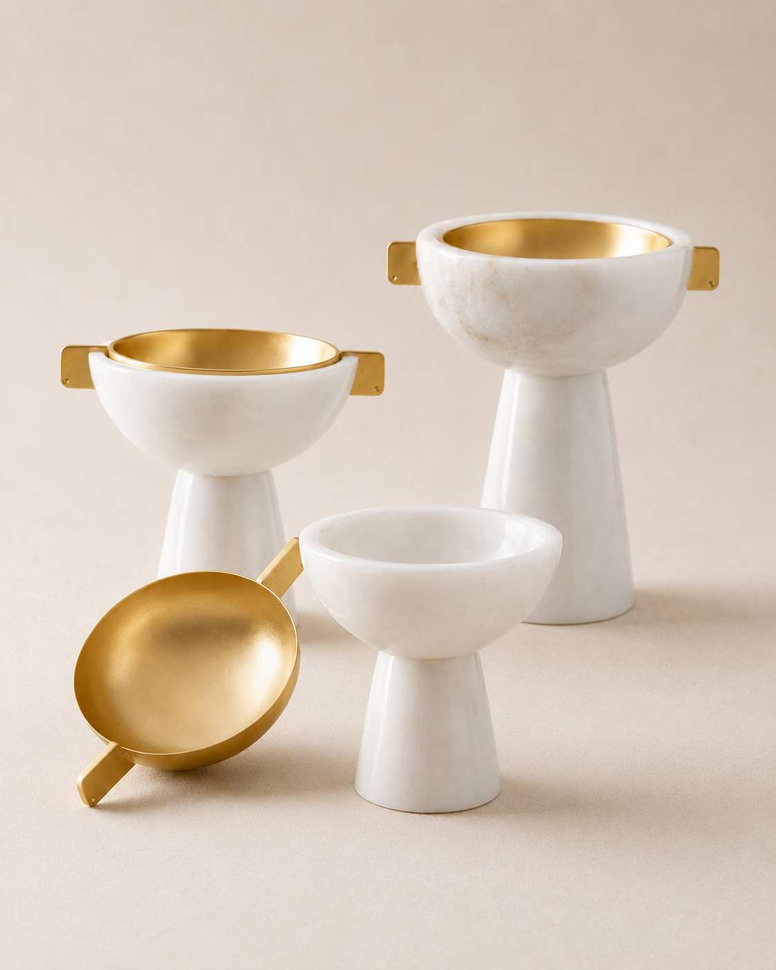Handled Marble Bowl with Gold Brass Interior – White Marble Decorative Bowl
