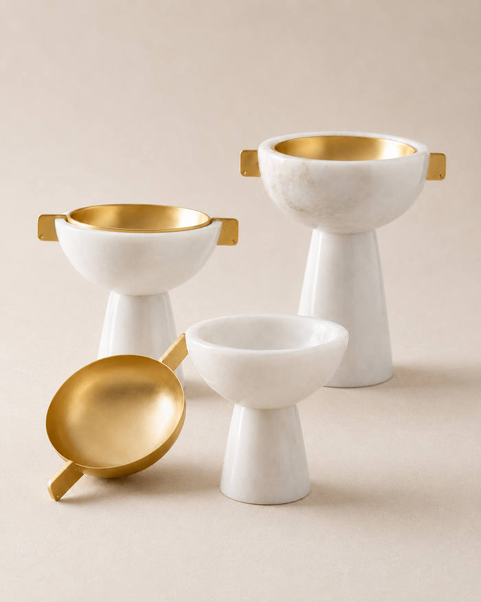 Handled Marble Bowl with Gold Brass Interior – White Marble Decorative Bowl