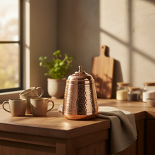 Copper tea pot and mugs on a wooden surface with a window in the background