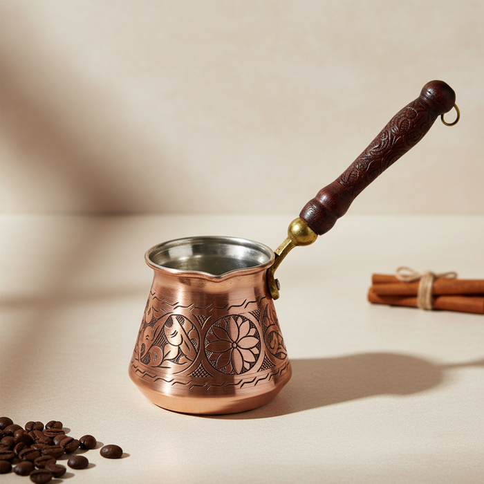 Hand-Engraved Solid Copper Coffee Pot With Wooden Handle