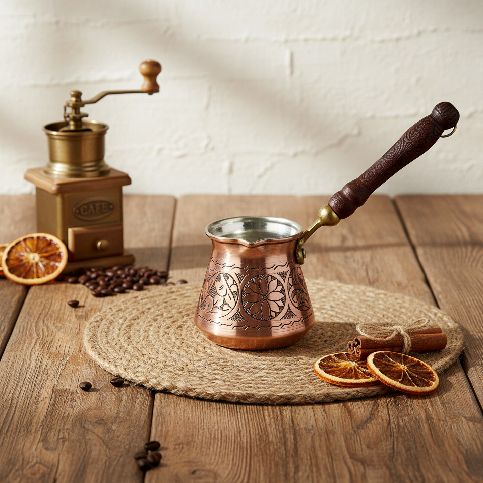 Copper coffee pot with wooden handle on a wooden table with a coffee grinder and dried oranges.