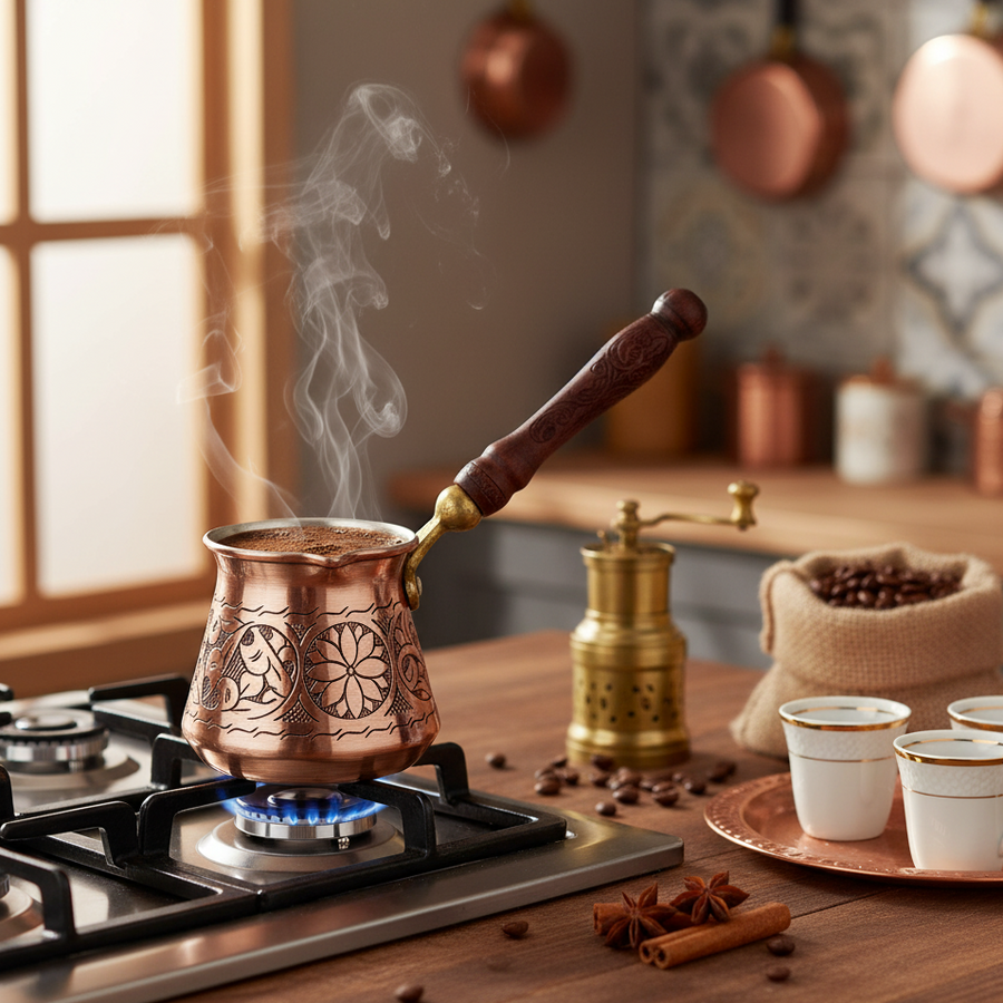 Copper coffee pot on a stove with steam, surrounded by coffee beans and cups in a kitchen setting.
