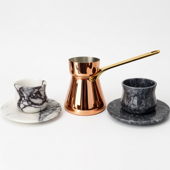 Handmade Copper Turkish Coffee Pot & Marble Cup Serving Set