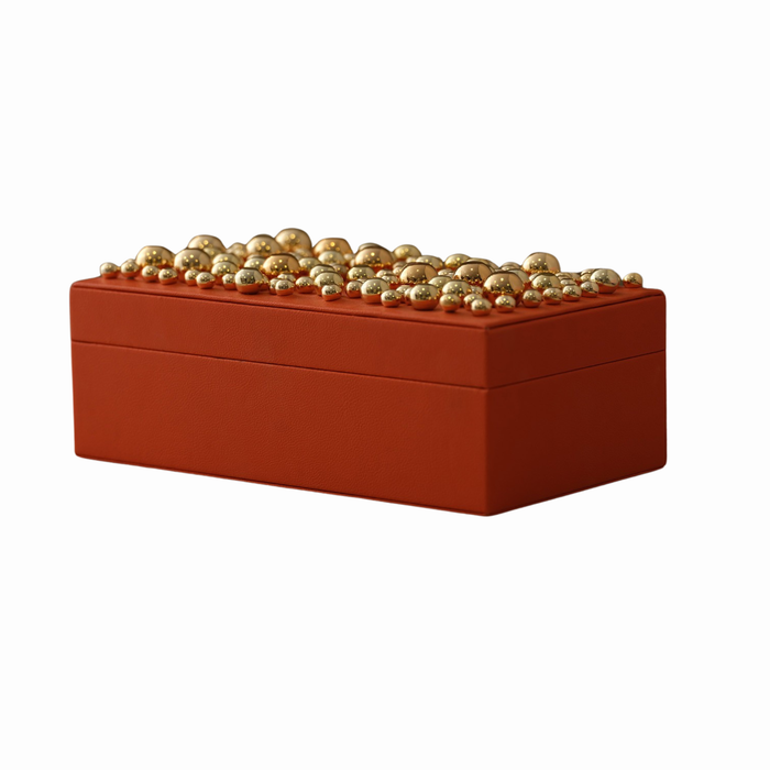 Orange Leather Box With Brass Bead Detailing