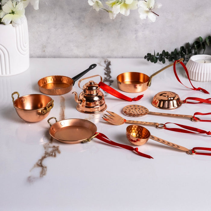 Set of 9 Hadnmade Copper Miniature Kitchen Utensils Set – Collectible Decor & Xmas Tree Festive Ornaments