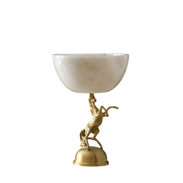White Marble Bowl on Brass Rearing Horse Base – H29 × Ø20 cm