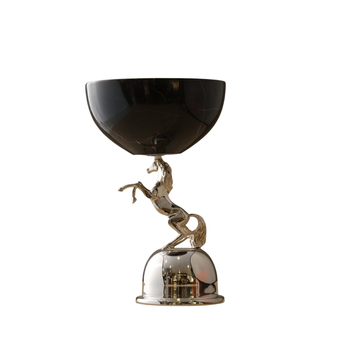 Black Marble Bowl on Silver Horse Base – H29 × Ø20 cm