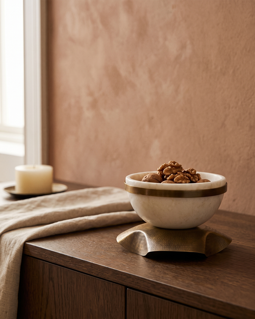 Amorphous Bowl on Brass Base I styled in a warm interior setting