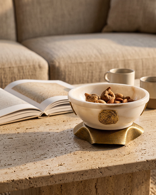 Amorphous Bowl on Brass Base II styled in a warm interior setting