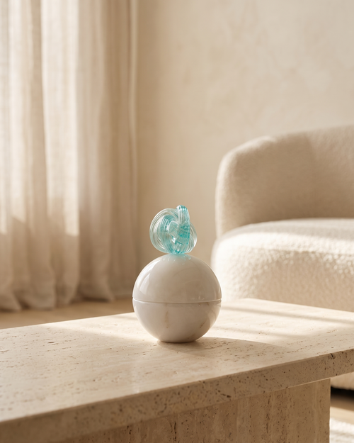 Aqua Crystal Loop Marble Bonbonnière - styled on a travertine console in a light interior