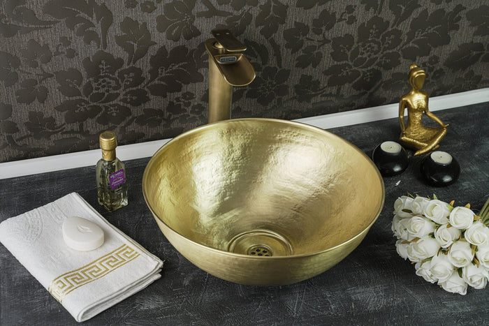 Handmade Matte Solid Brass Bathroom Sink – 16" Hammered Oval Vessel with Drain Cap