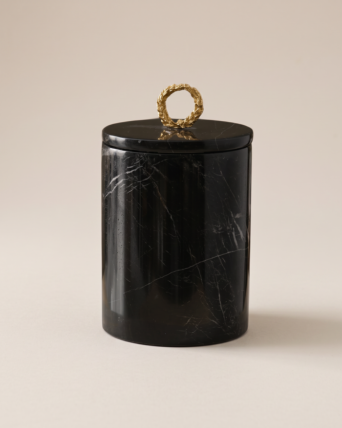 Black Marble Waste Bin with Brass Wreath Handle (One Piece)