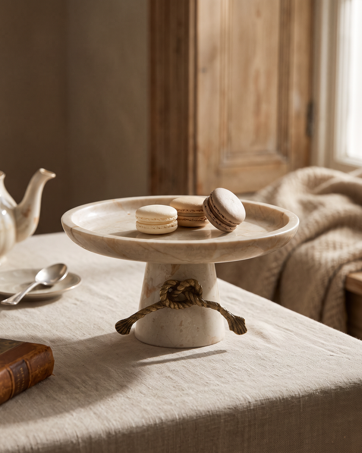 Marble Pedestal Serving Stand with Rope (One Piece) styled in a warm interior