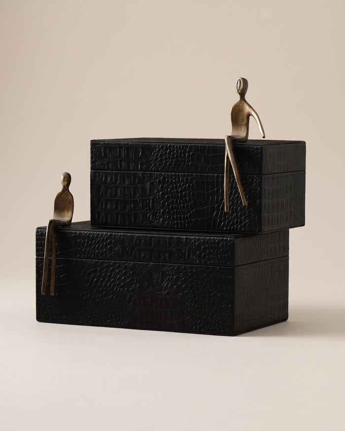 Black Croc Leather Boxes with Brass Sitting Figures (Set of 2)