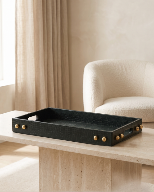 Black Croc-Embossed Tray - styled on a travertine console in a light interior